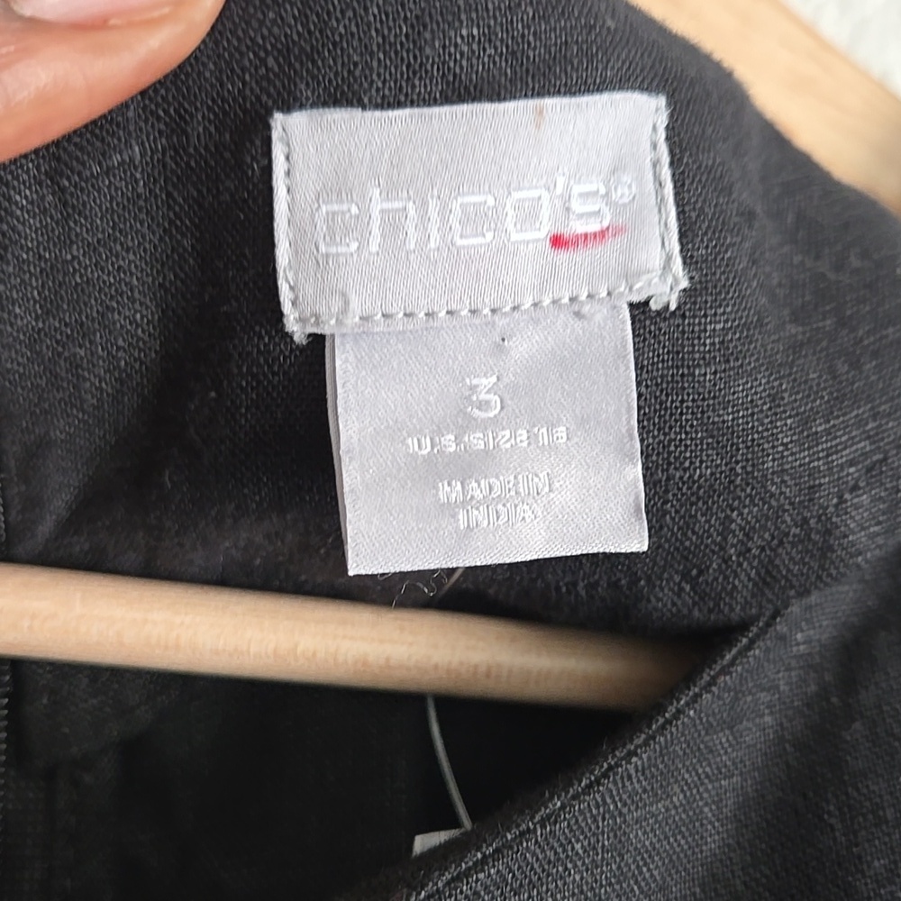 Chico's Black Embroidered Flutter Sleeve 100% Linen Short Dress Size 16 - Picture 4 of 11